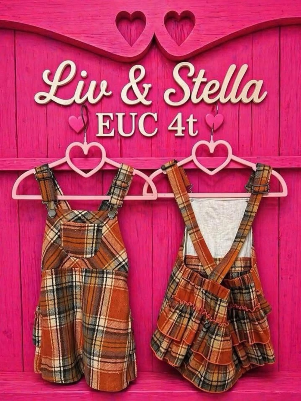 Liv & Stella Orange brown Plaid wool Overalls Dress skort (4T)